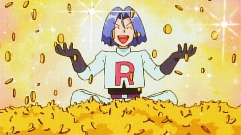 Jesse, do Team Rocket, no anime Pokemon com uma pilha de moedas