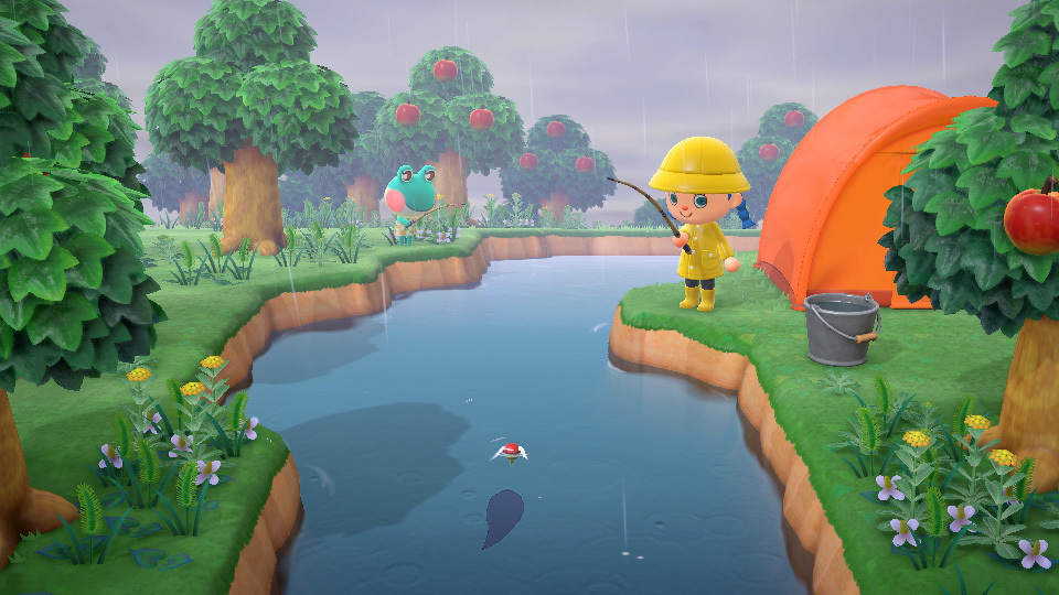 Животно от герой, който риболов в река в Animal Crossing New Horizons