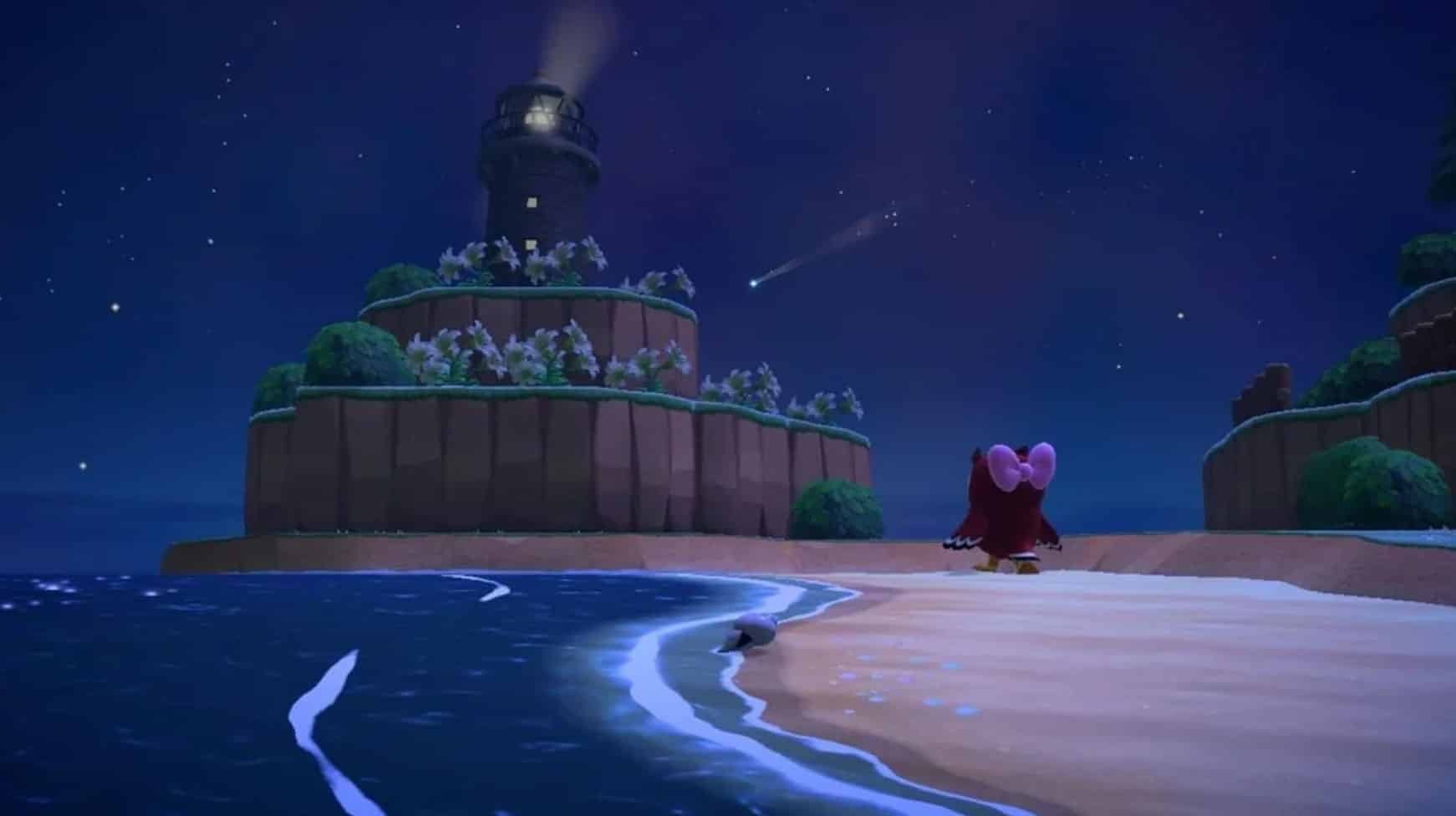Ein Bild eines Charakters, der in Animal Crossing New Horizons auf einen Leuchtturm zugeht