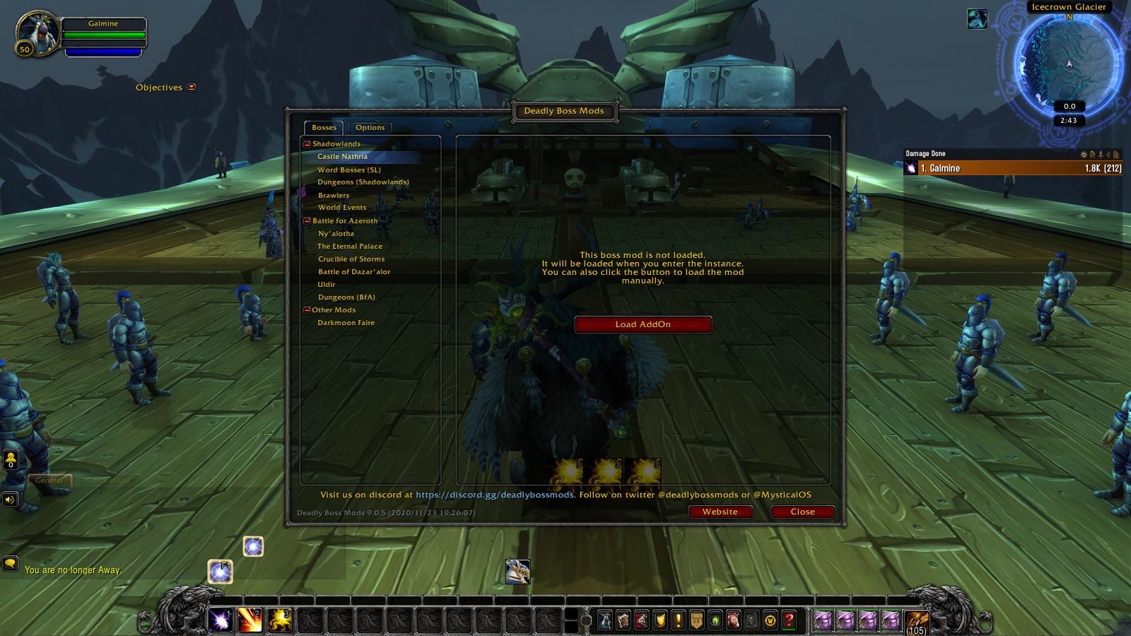 Panel používateľského rozhrania Deadly Boss Mods zobrazený vo World of Warcraft