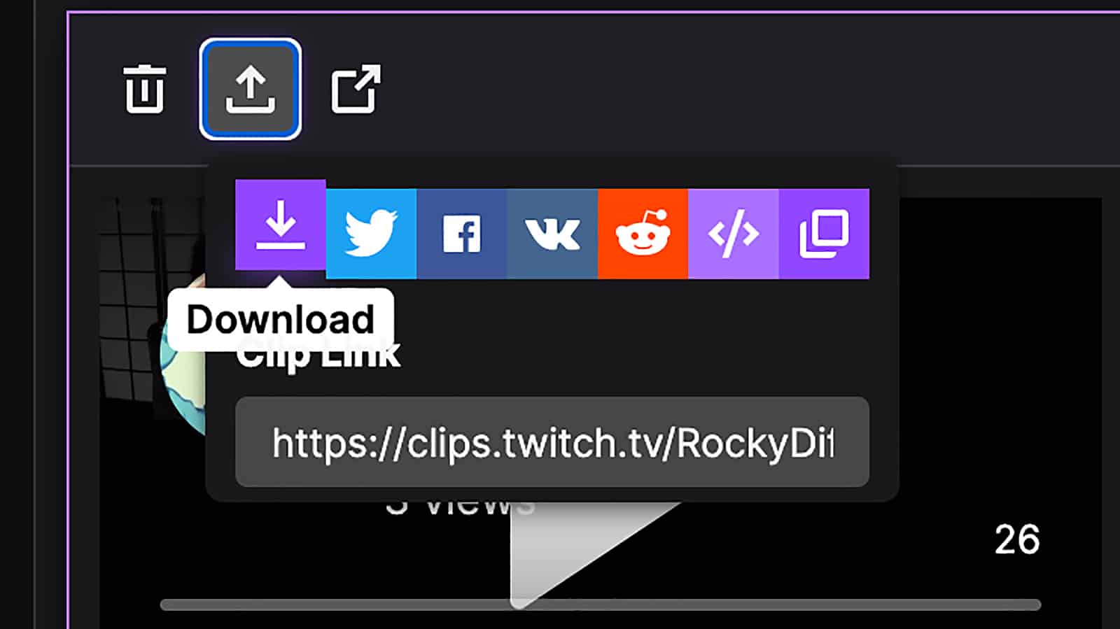 En skärmdump som visar hur man sparar och laddar ner ett klipp på Twitch