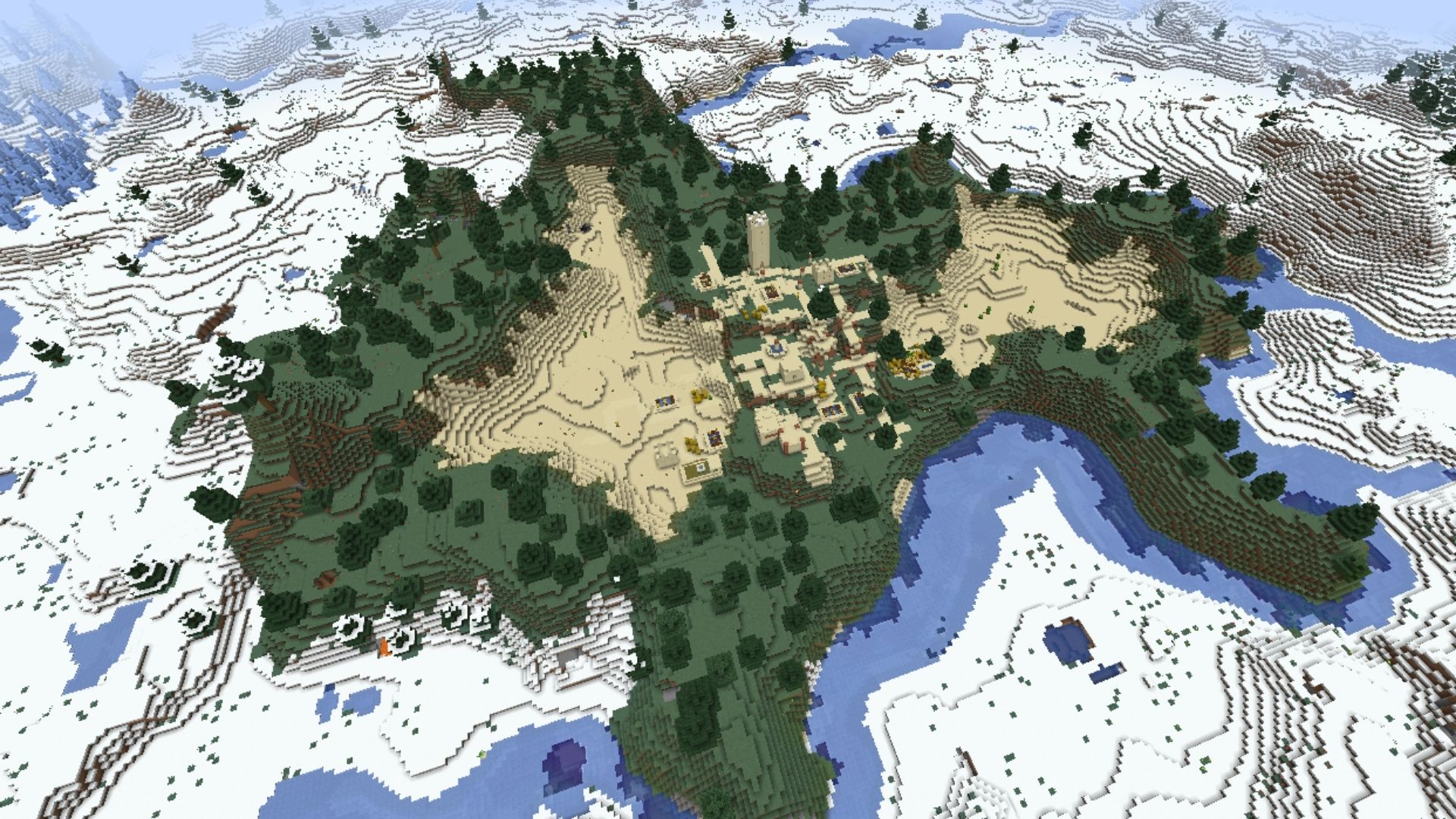 En skjult ørkenlandsby i Minecraft omgivet af vand