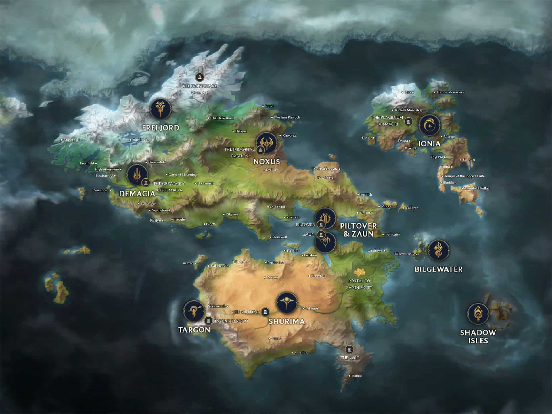 Harta completă a Runeterra, lumea Ligii legendelor