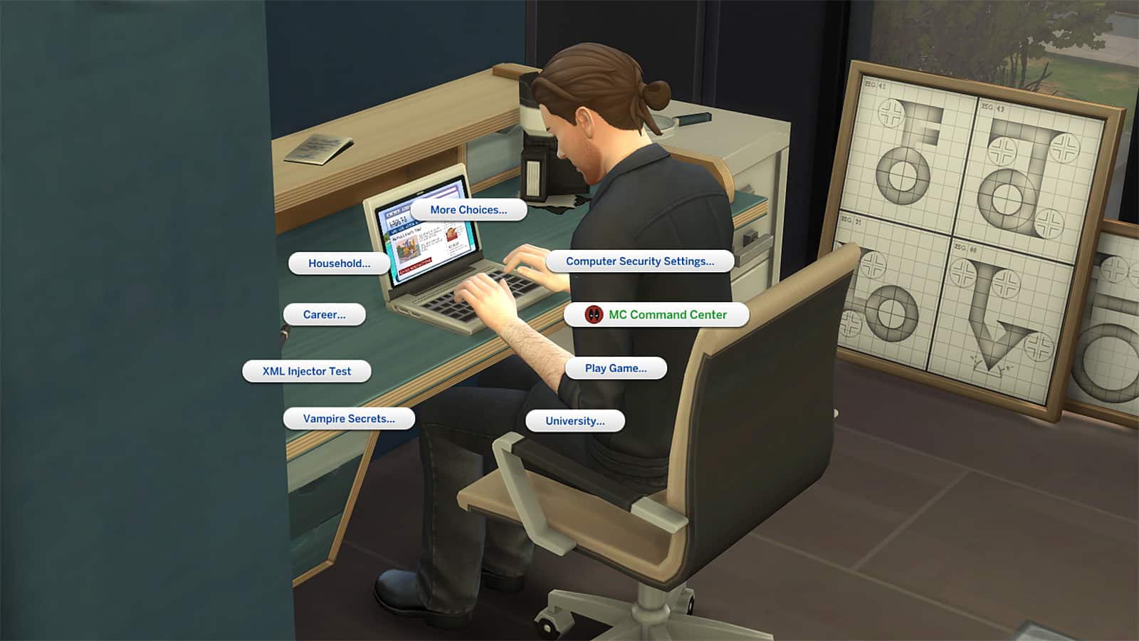 The Sims 4'teki MC Komuta Merkezi için Pie Menüsünü gösteren bir ekran görüntüsü