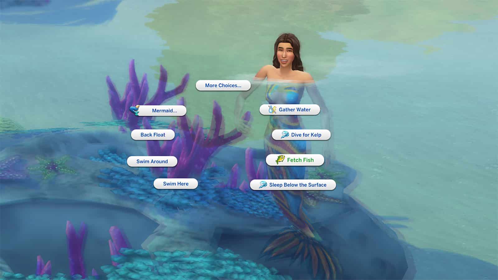 Potret layar Sims Mermaid, nuduhake menu Pie Mermaids sing Dikambung