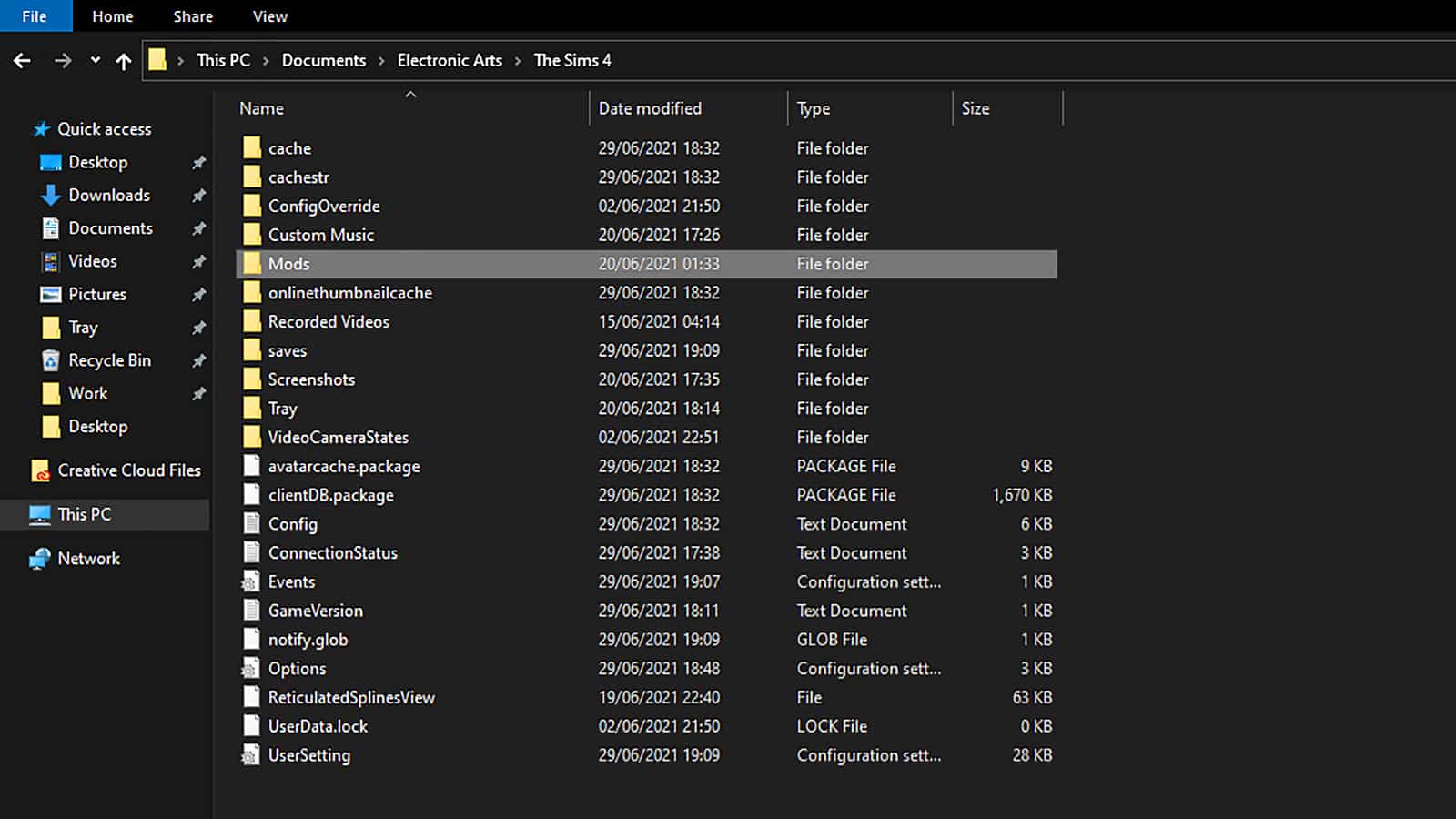 Ein Screenshot darüber, wo Mods in den SIMS 4 installiert werden sollen