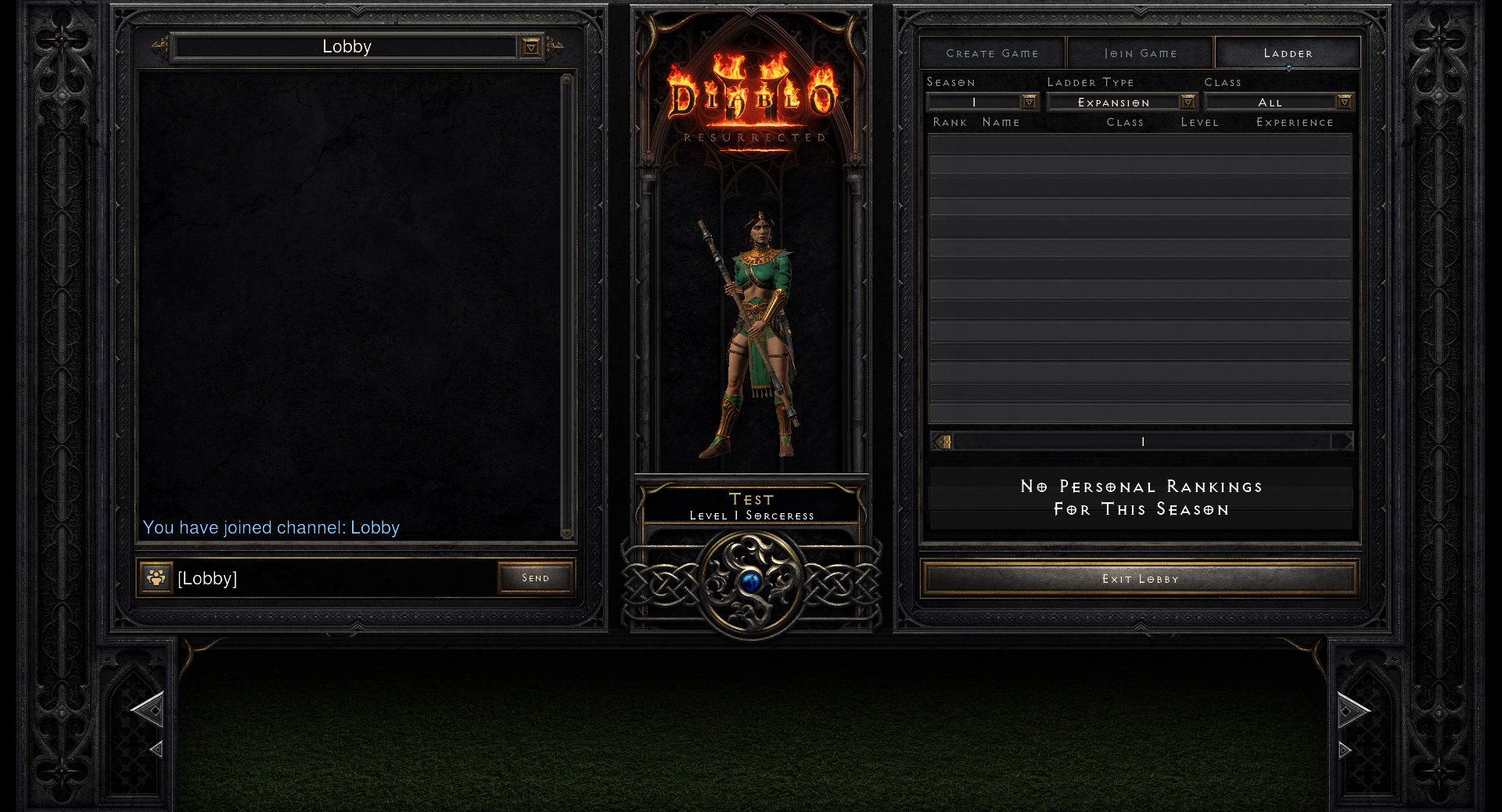 Diablo 2 auferstandener Leiter -Menübildschirm mit Zauberin