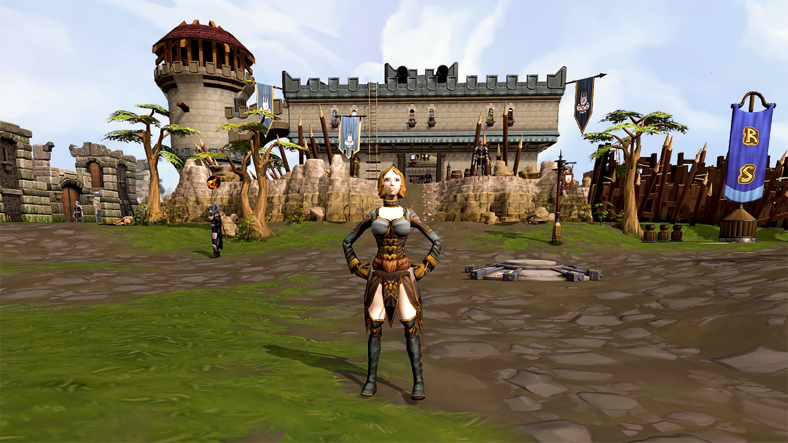 Ein Spielercharakter, der von einem Burg-Wahrzeichen in der freien MMORPG RuneScape posiert