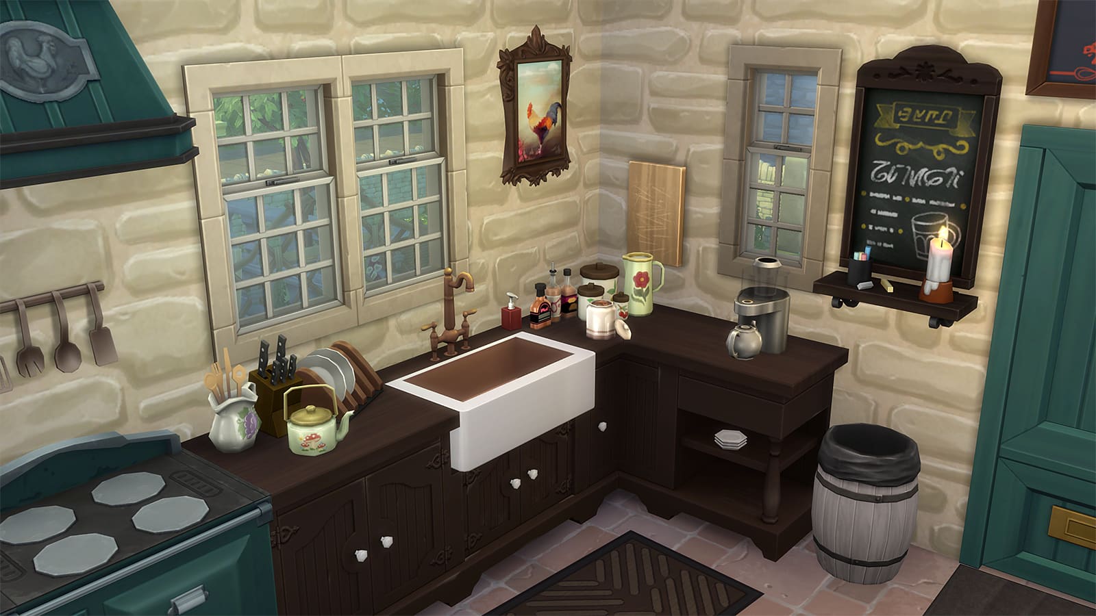 Una cocina en los Sims 4 usando el mod de estante OMSP