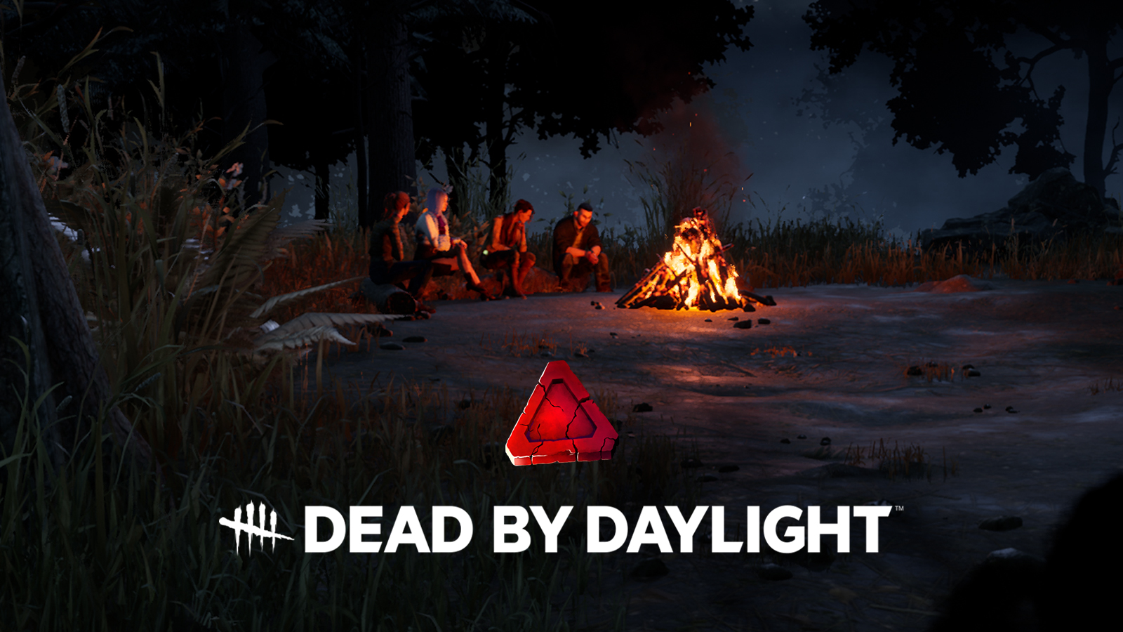 Een screenshot met het logo van Bloodpoints naast het DBD -logo en een afbeelding van overlevenden door een kampvuur in het spel