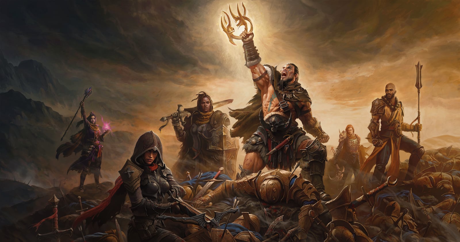 Diablo Immortal Classes berdiri di atas syaitan -syaitan mati dan barbar menaikkan senjatanya