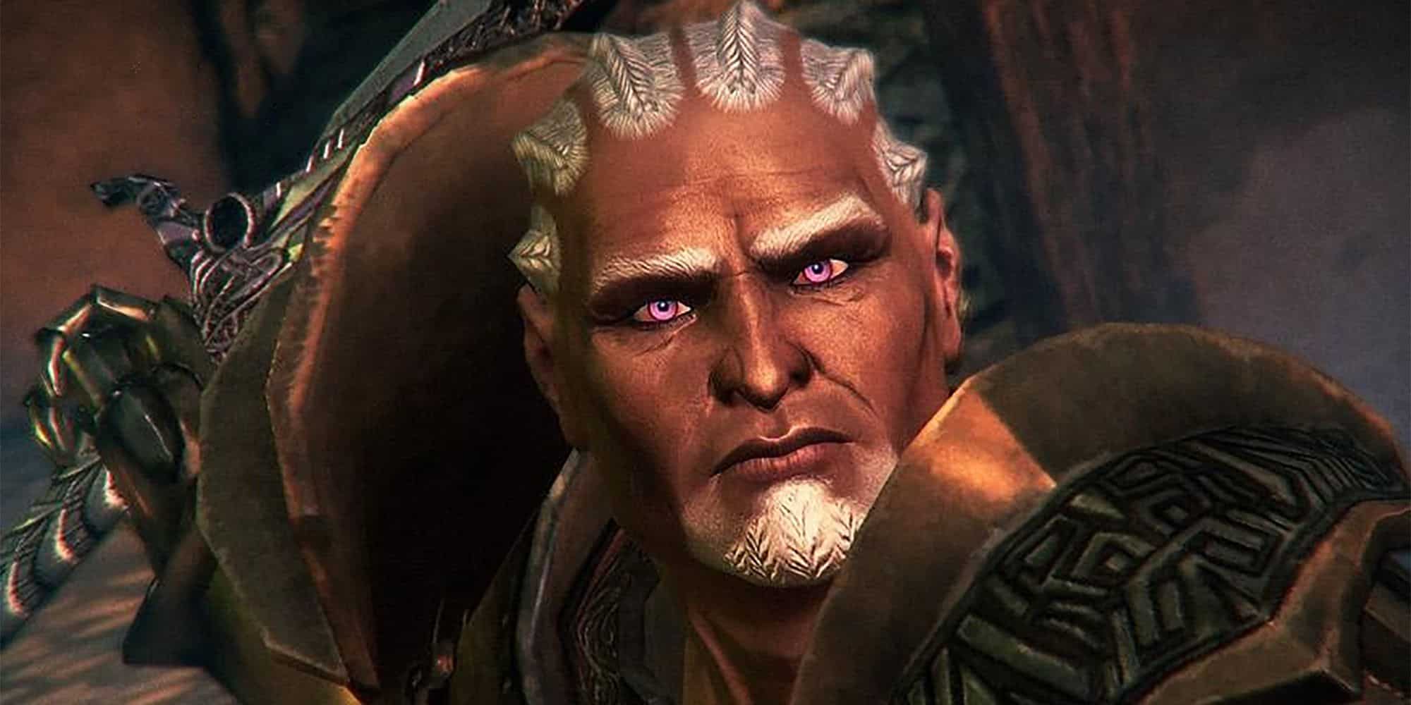 Dragon Age Origins Opalony wojownik z białymi korpusami przygotowuje się do bitwy