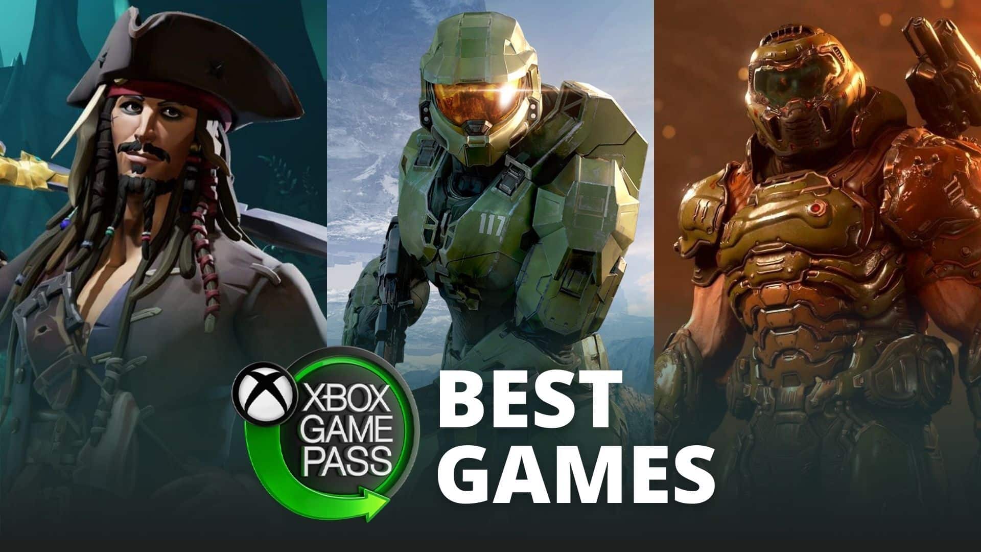 Logo Xbox Game Pass avec Jack Sparrow, Master Chief et Doomslayer