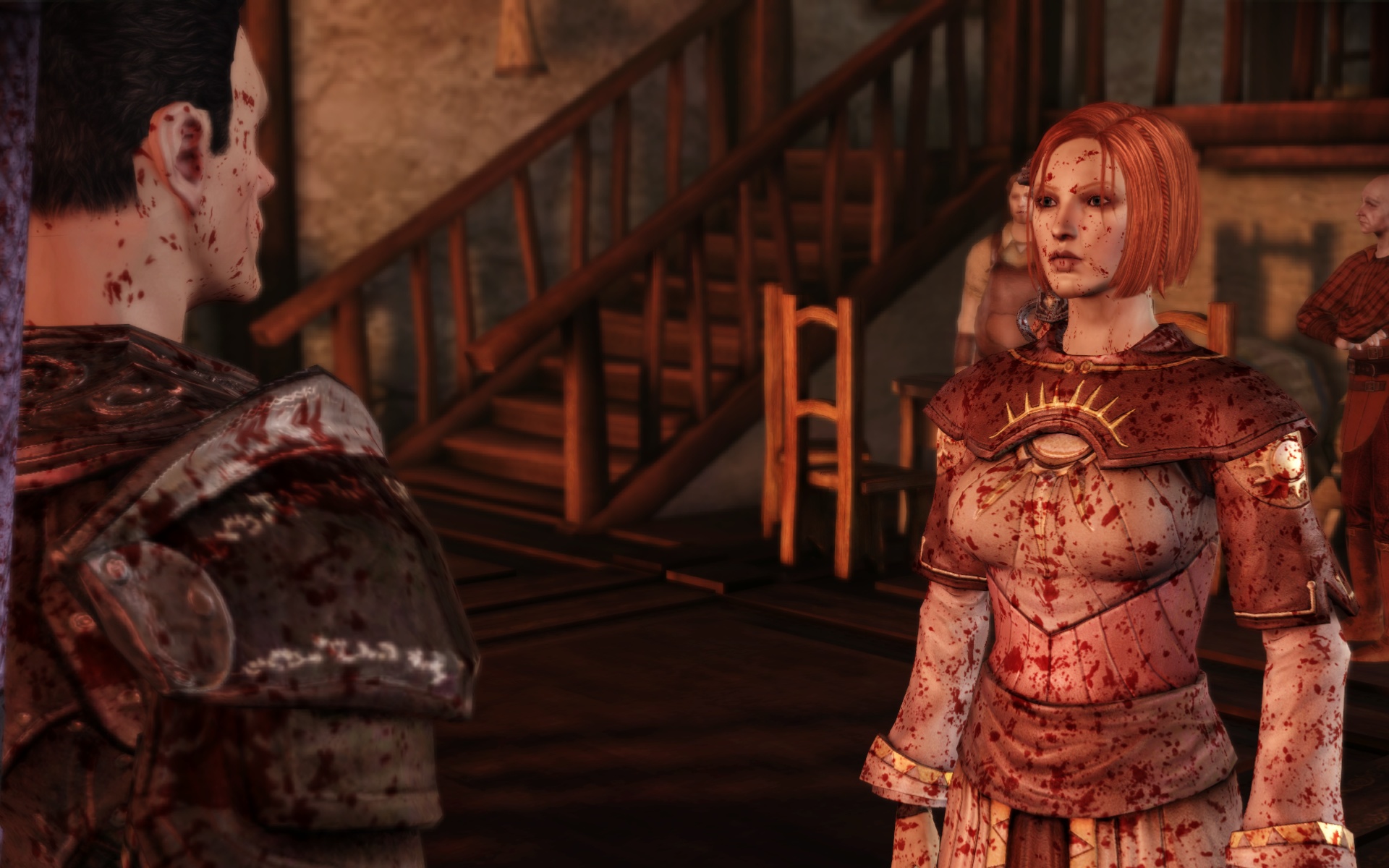 Dragon Age Origins Grey Warden berbicara kepada seorang gadis yang berlumuran darah