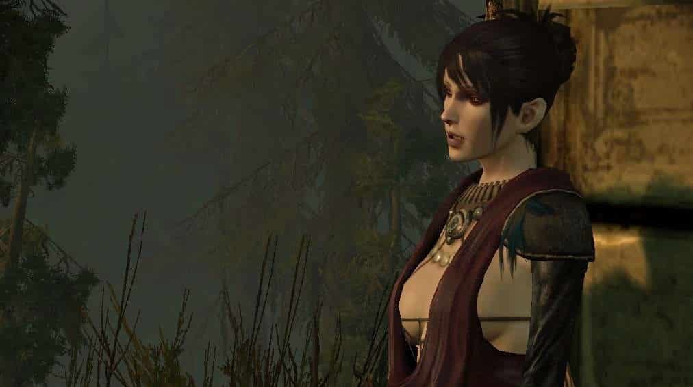 Женщина Dragon Age стоит у стены с видом на темный лес