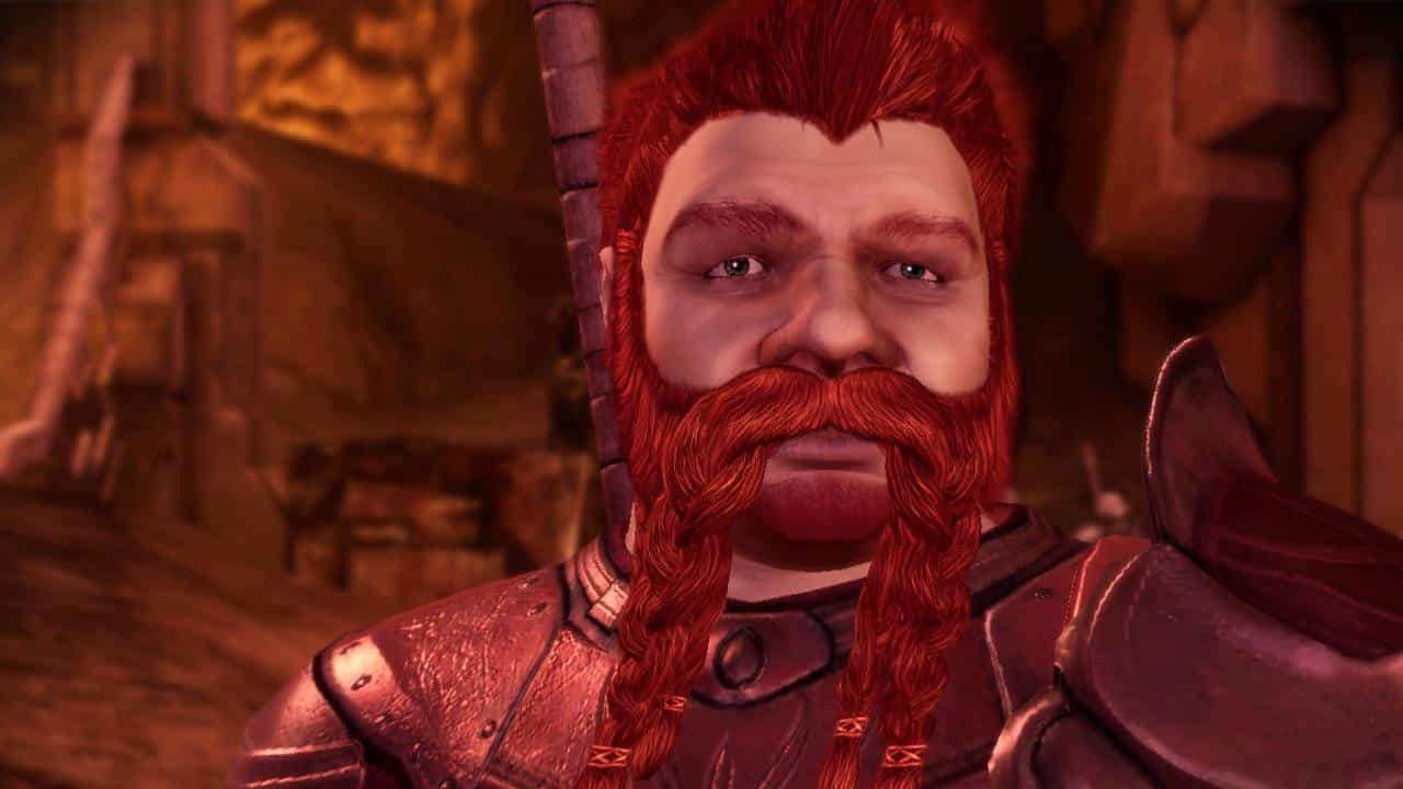 Dragon Age Origins Ginger Bearded Warrior Krasnoludzka patrzy w kamerę
