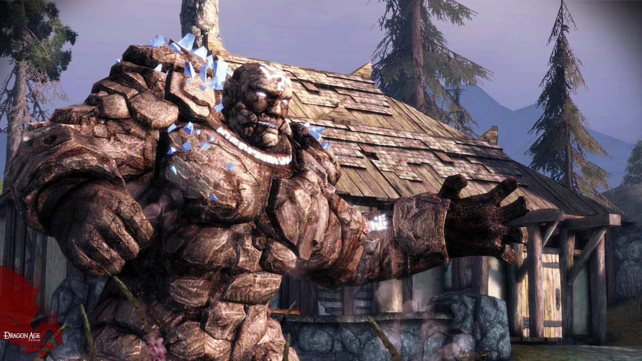 أصول Dragon Age Origins Stone Golem يتحدث بشكل قاطع أمام منزل قديم