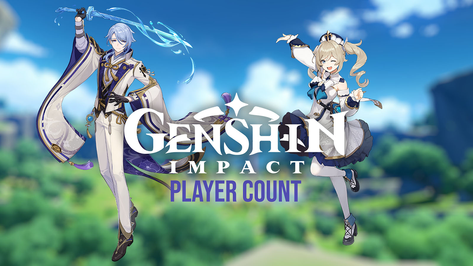 Das Genshin -Impact -Logo auf einem Hintergrund von Teyvat mit dem Wort Spieler zählen darunter mit Barbara und Ayato