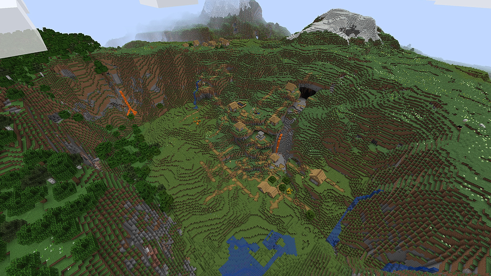 En landsby som er gjemt i en dal i Minecraft