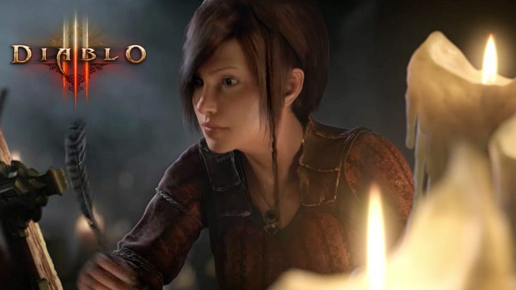 Diablo 3 младо момиче с кафява коса пише в книга със свещи
