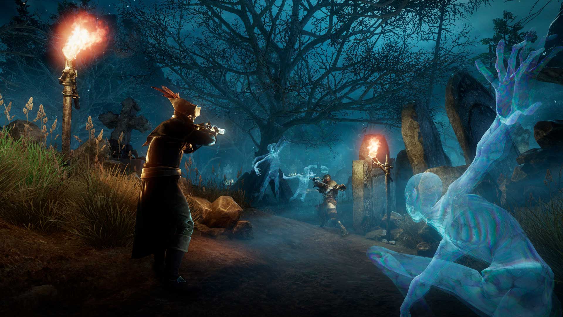 Et billede af New World -spillere, der skyder musketter på en kirkegård
