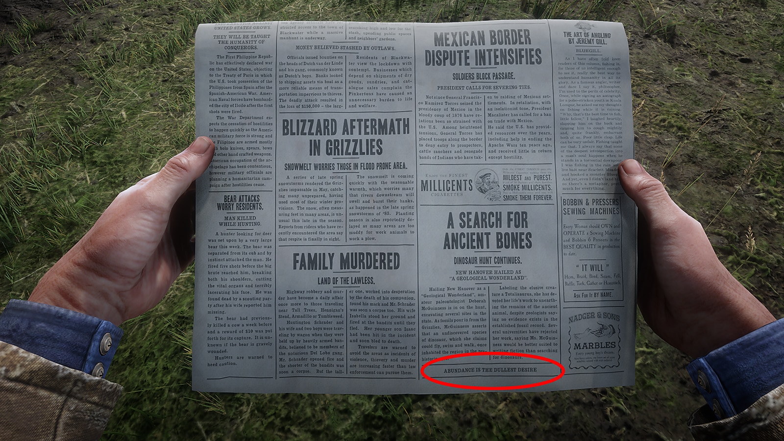 Uma captura de tela mostrando um jornal do que pode ser comprado por Arthur no RDR2, com um trapaceiro descrito por um oval vermelho