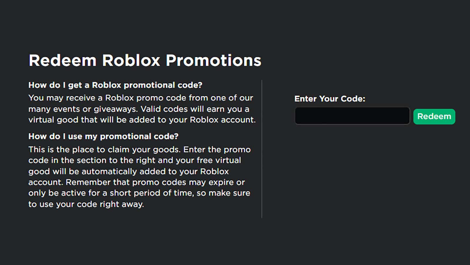 Une image montrant l'emplacement pour entrer des codes promotionnels dans Roblox
