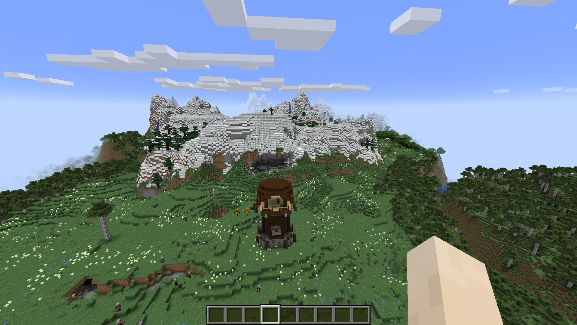 En utpost med en nærliggende landsby i Minecraft