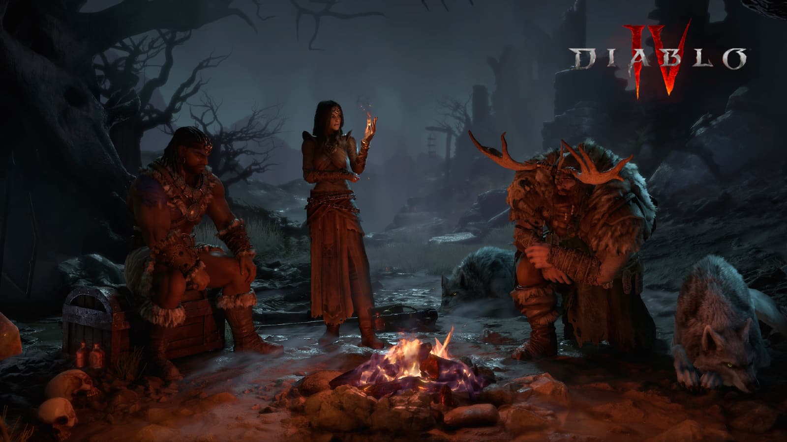 Diablo 4 Druid Sorceress Barbarian นั่งอยู่รอบ ๆ แคมป์ไฟ