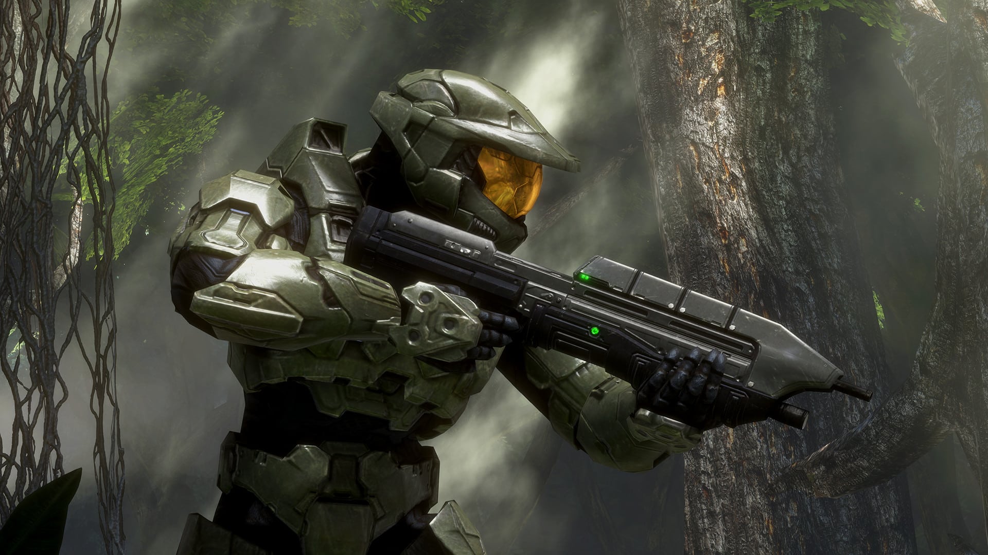 Halo Master Chief marchant dans la jungle avec un pistolet