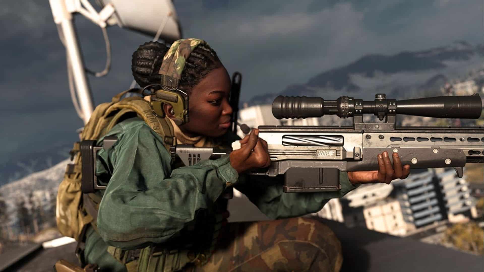 Speler die richt met HDR Sniper Rifle in Cod Warzone