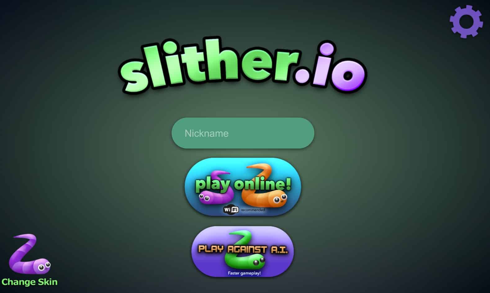צילום מסך הכולל את מסך התפריט הראשי של Slither IO