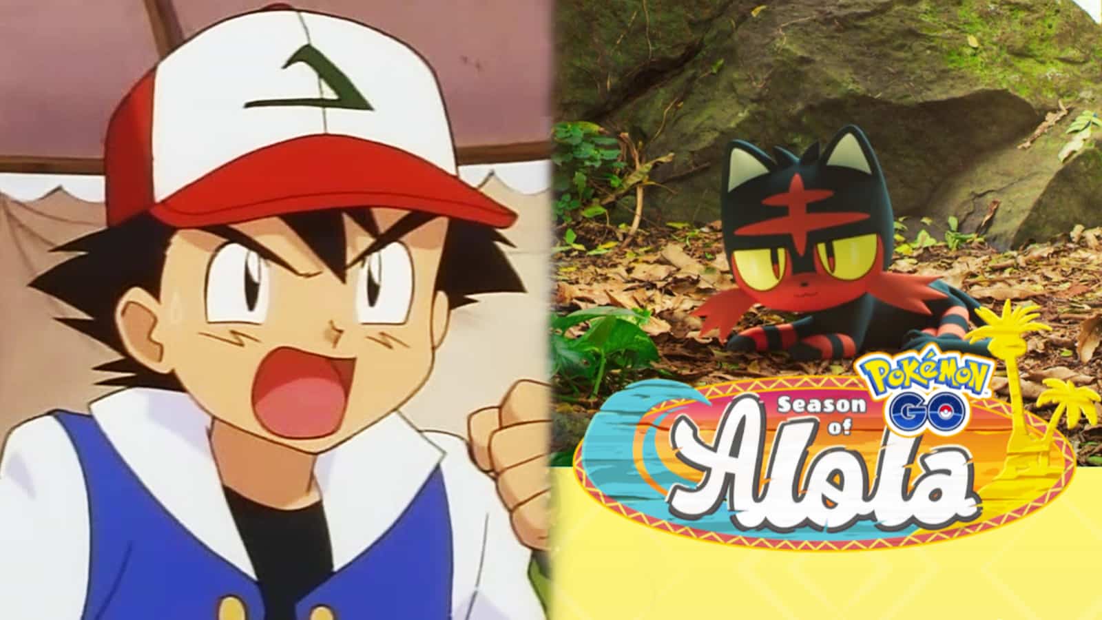 Ash Ketchum از Anime Pokemon در کنار Pokemon Go Season از تصاویر هنری تبلیغاتی Alola