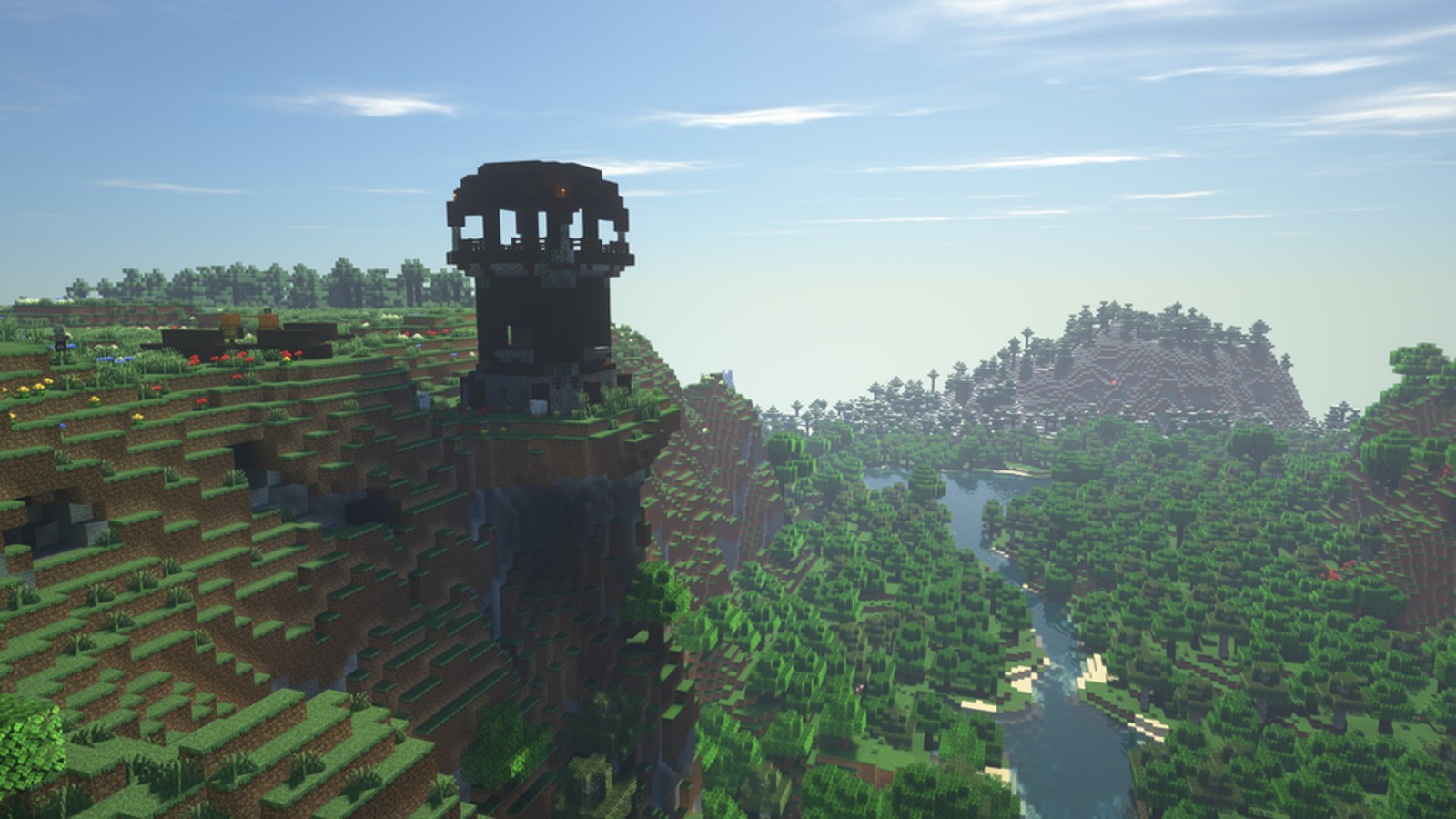 En pillager -udpost med udsigt over en klippe i Minecraft