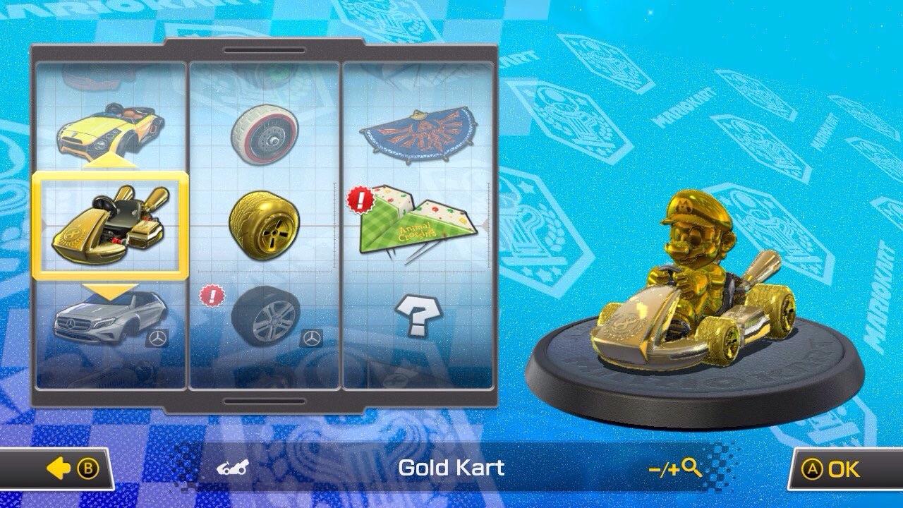 Uno screenshot della schermata di selezione dell'auto in Mario Kart 8 Deluxe