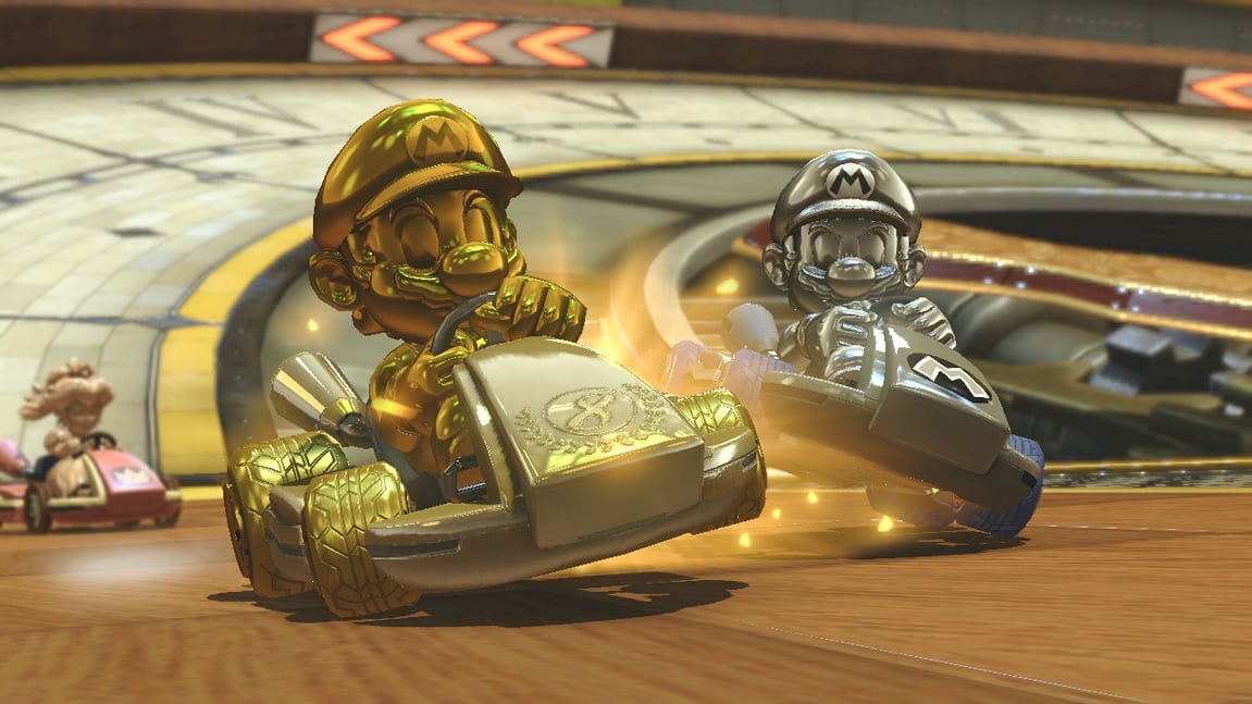 Ein Screenshot von Mario Kart 8 Deluxe Gold Kart -Teilen, die in einem Rennen verwendet werden