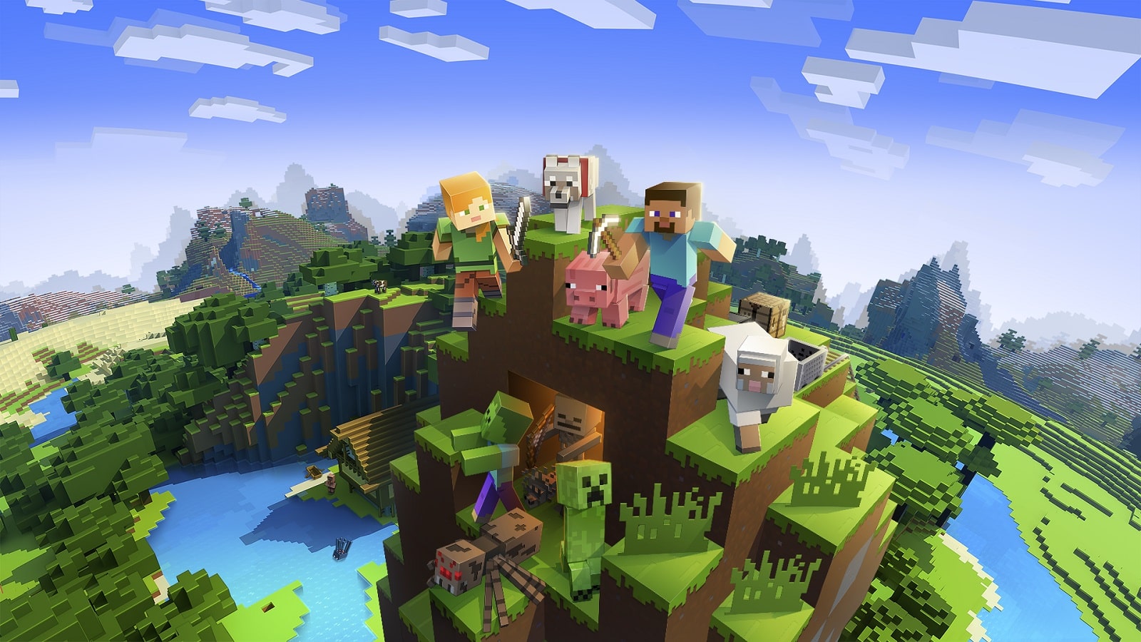 Offisiell omslagskunst for Minecraft, et sandkassespill på tvers av plattformer