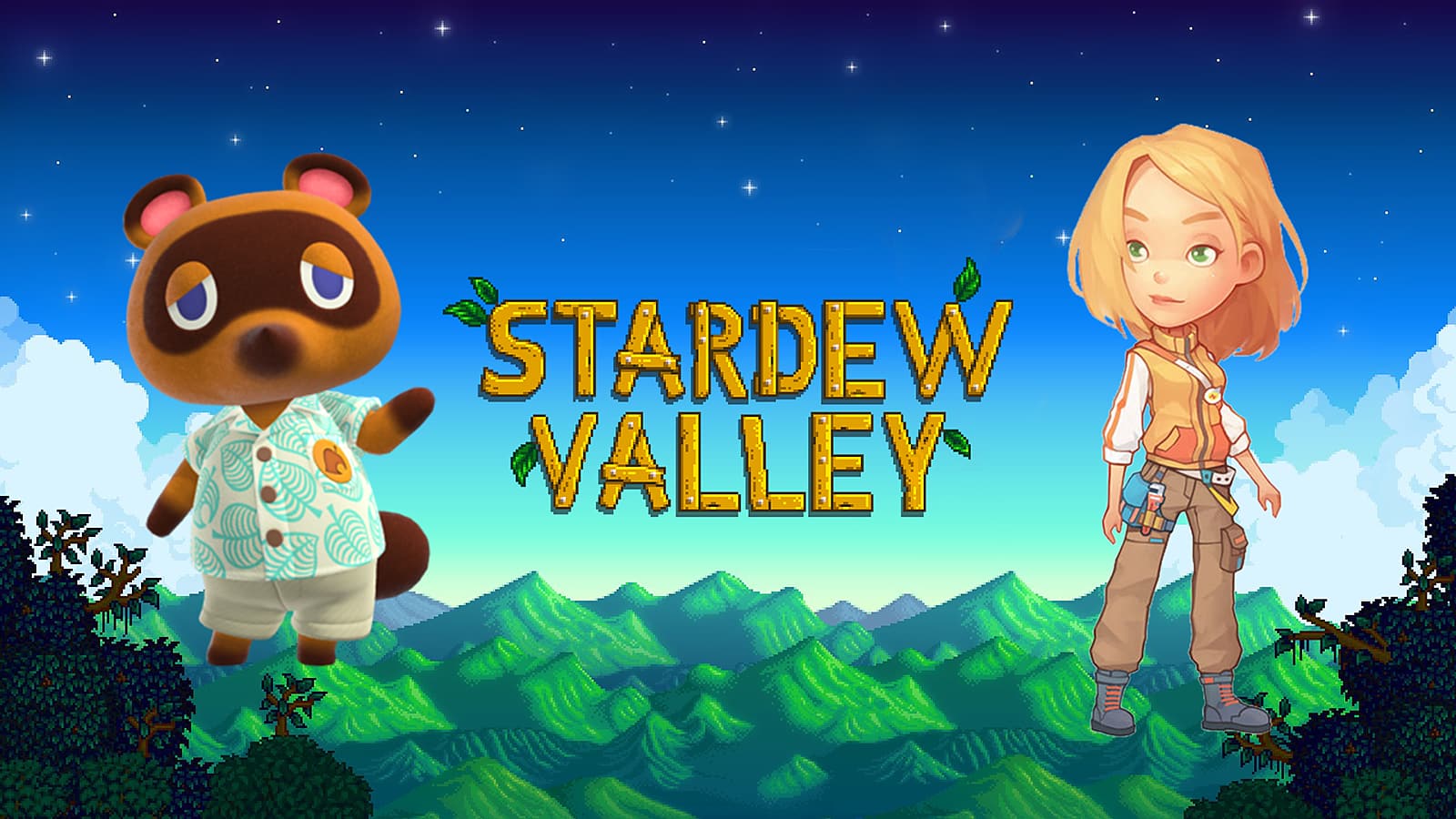 Et billede af Stardew Valley -logoet med krog og en min tid i Portia -karakter