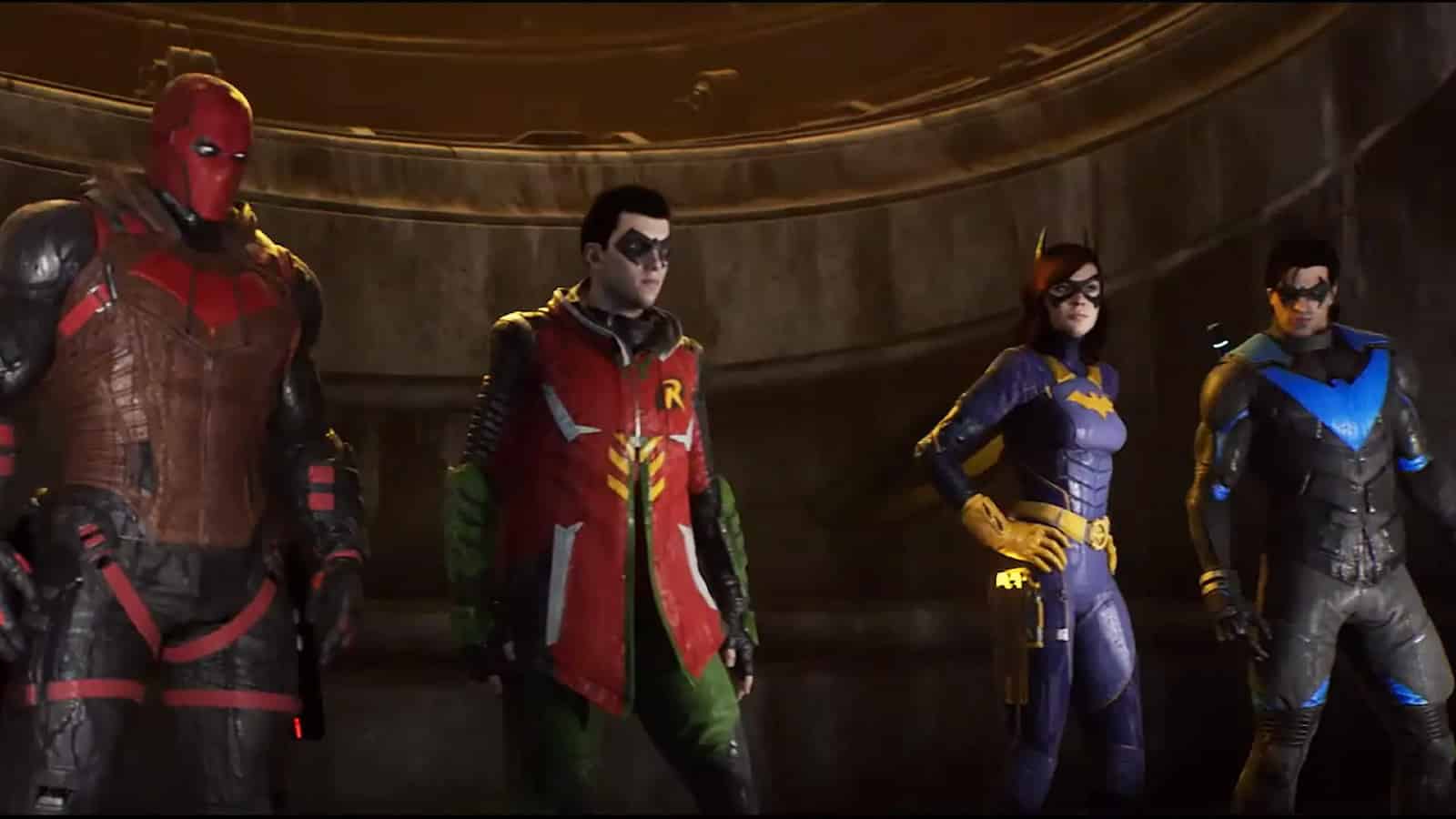 Gotham Knights Robin Nightwing Batgirl és Red Hood a Gotham City felett állva