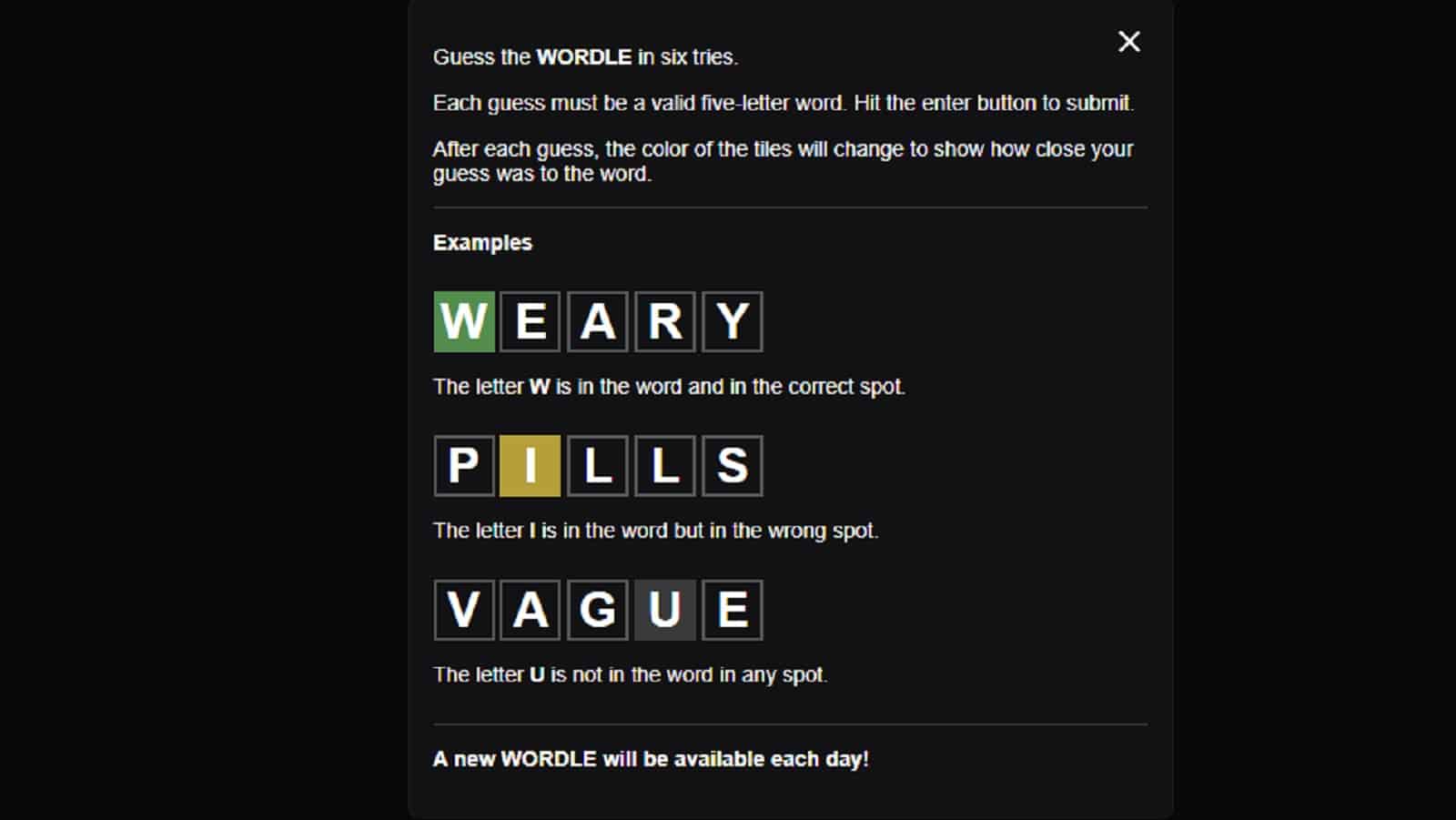 Captura de pantalla de reglas que te ayudarán a adivinar la palabra de Wordle del día