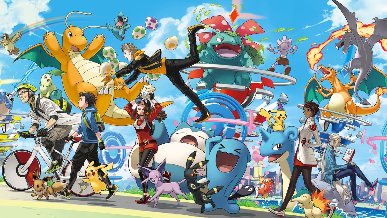 Μια αφίσα με διάφορους Pokemon και τους εκπαιδευτές τους