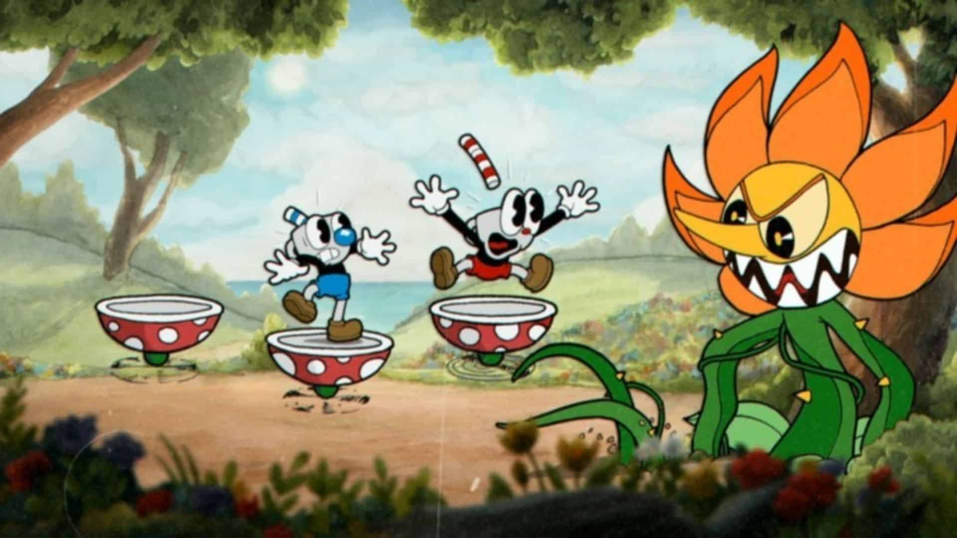 Cuphead a Mugman Fighting Cagney Carnation