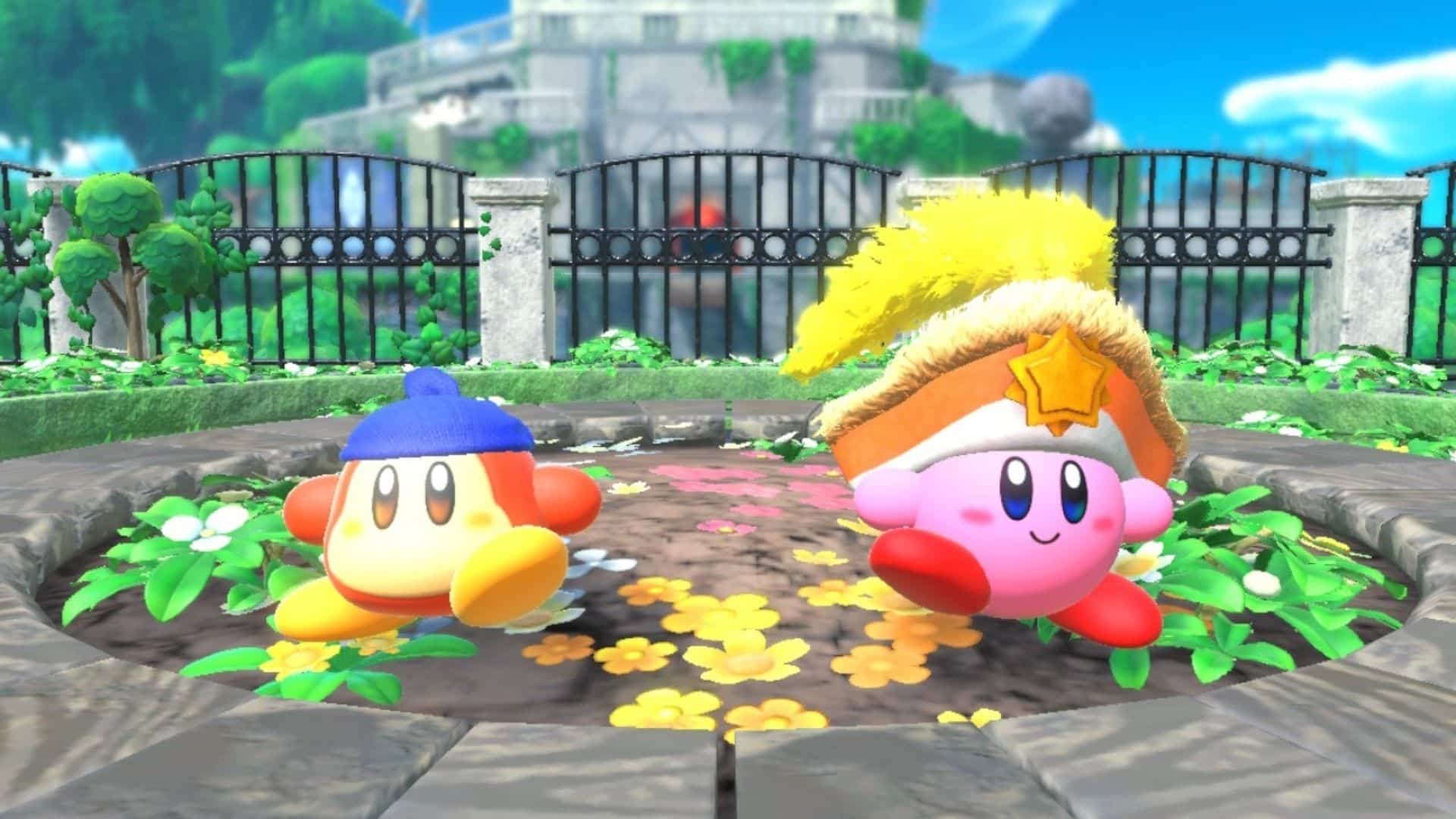 Kirby a druhý hráč oblečený v zabudnutých krajinách