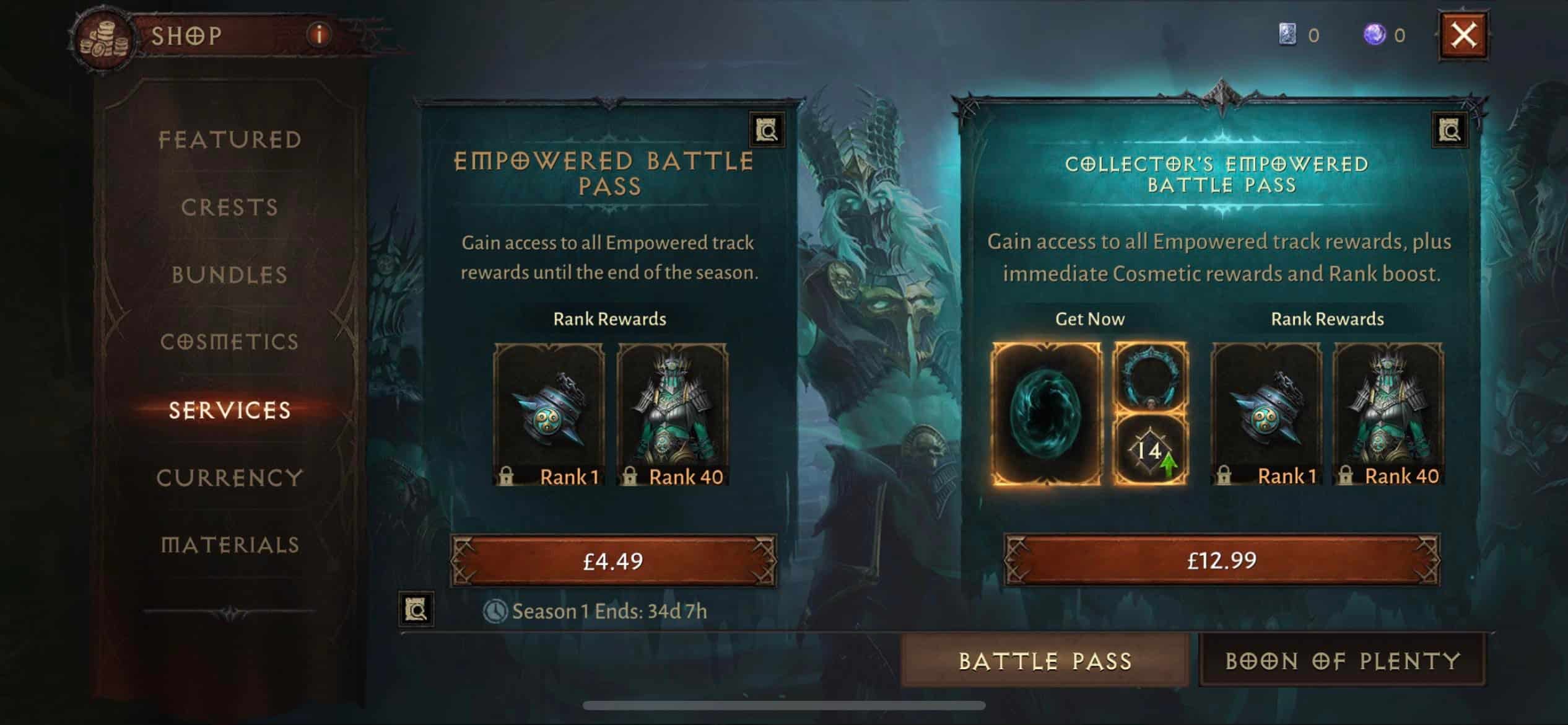 Diablo Immortal Battle Pass Season 2 rewards including rank 40 Empowered  rewards