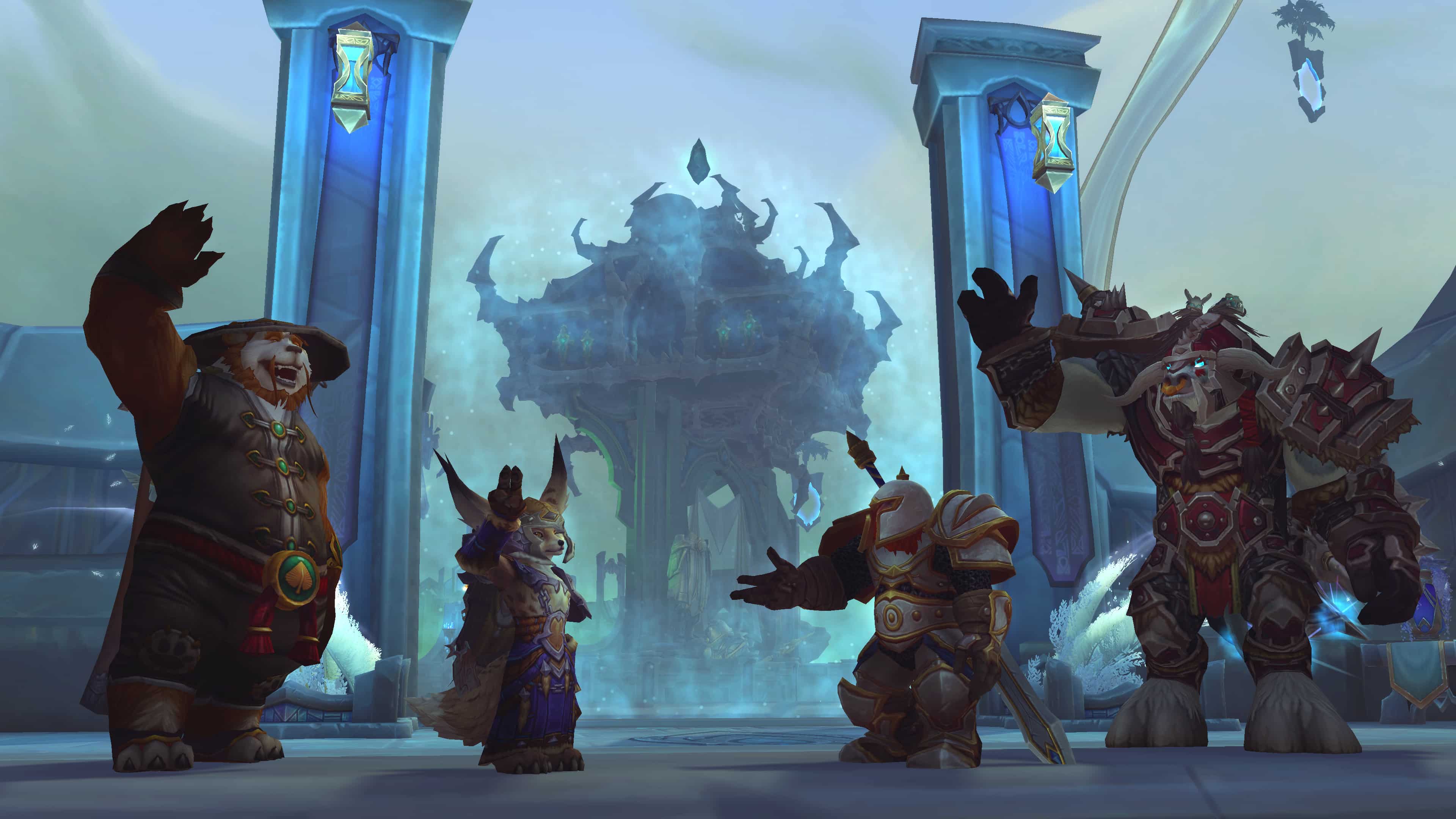 World of Warcraft Wow Tauren Dwarf Viera и Pandaren Wave на екрана в Shadowlands