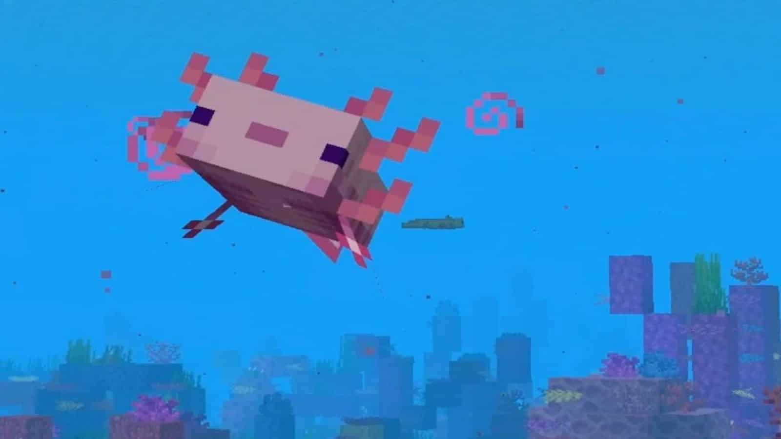 Um Axolotl nadando na água no Minecraft