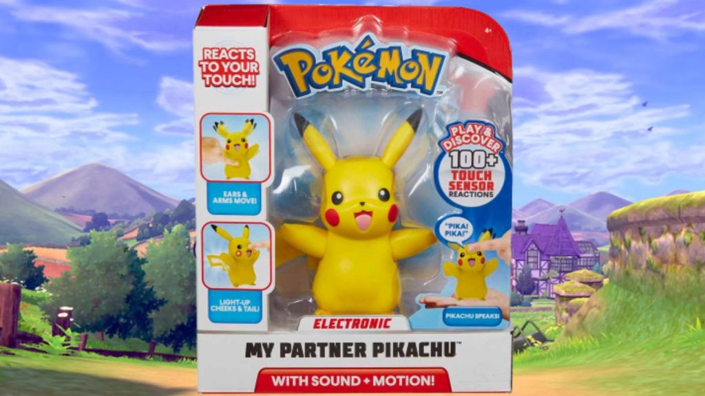 Mein Partner Pikachu -Spielzeug vor einem Pokemon -Hintergrund