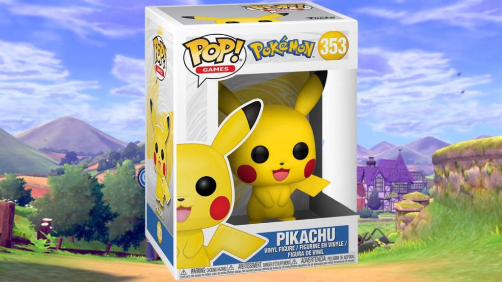 Pikachu Funko Pop di hadapan latar belakang Pokemon