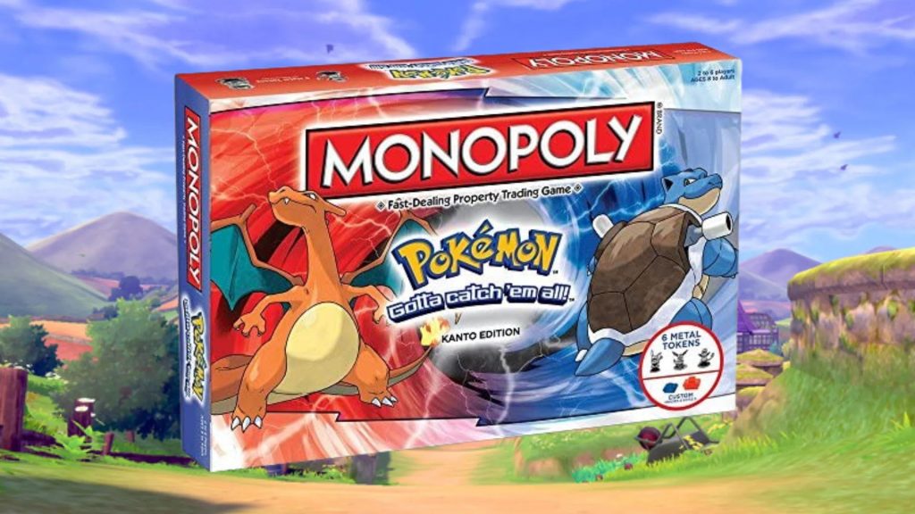 Monopoli Pokemon di depan latar belakang Pokemon