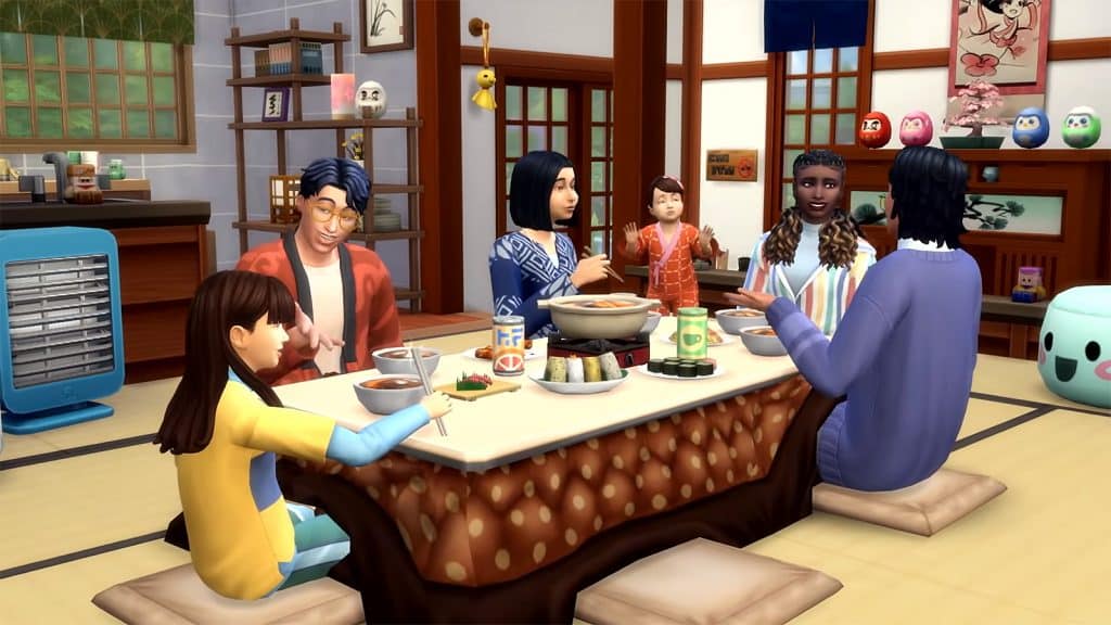 Група от Sims, които вечеряха заедно в снежно бягство